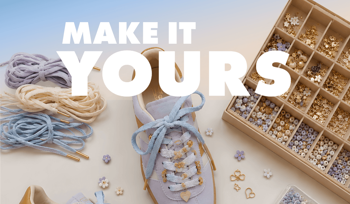 Sneaker with pastel laces and gold charms, surrounded by decorative beads and lace accessories with text "MAKE IT YOURS."