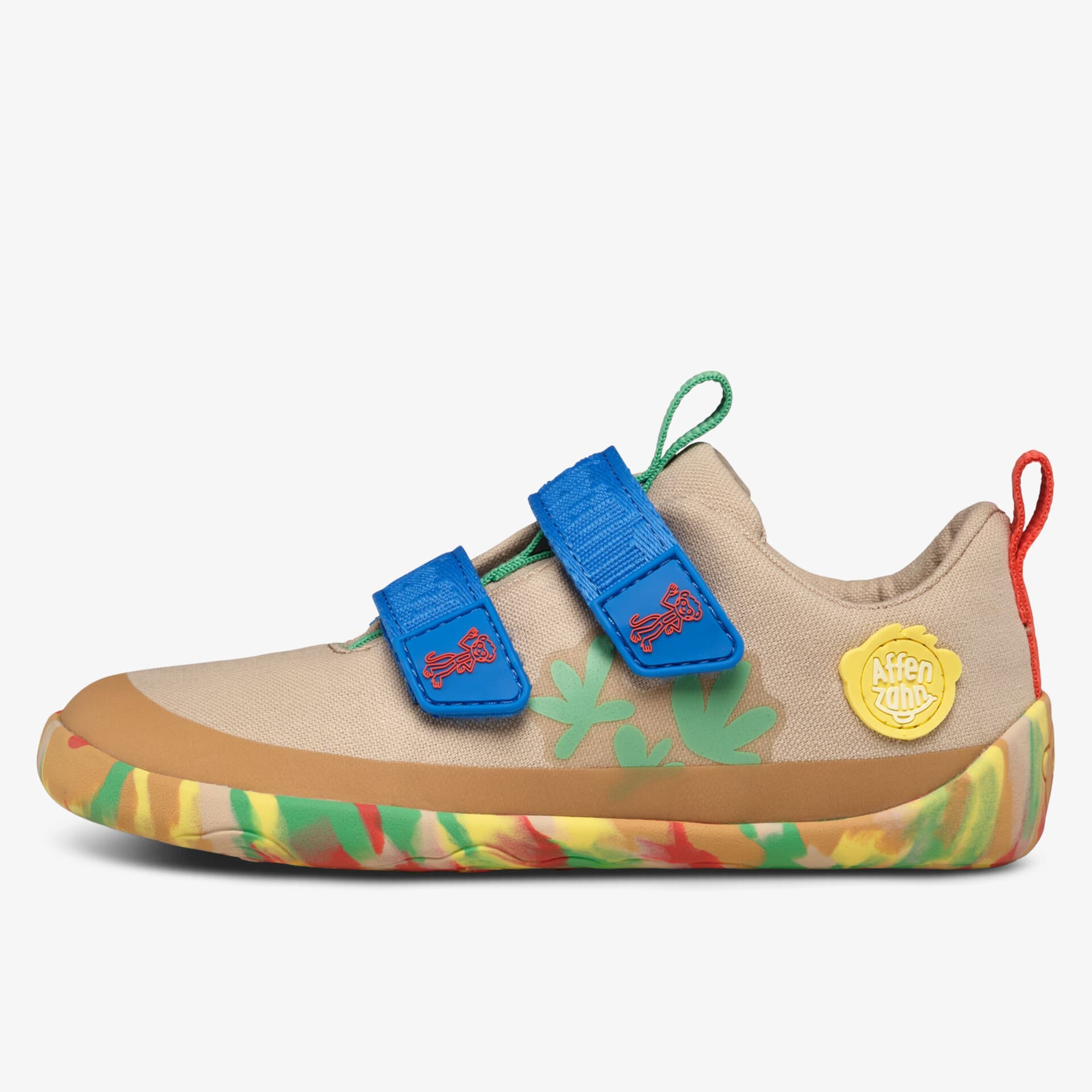 Bequemer Schuh mit buntem Sohlenmuster und zwei blauen Klettverschlüssen für einfachen Halt