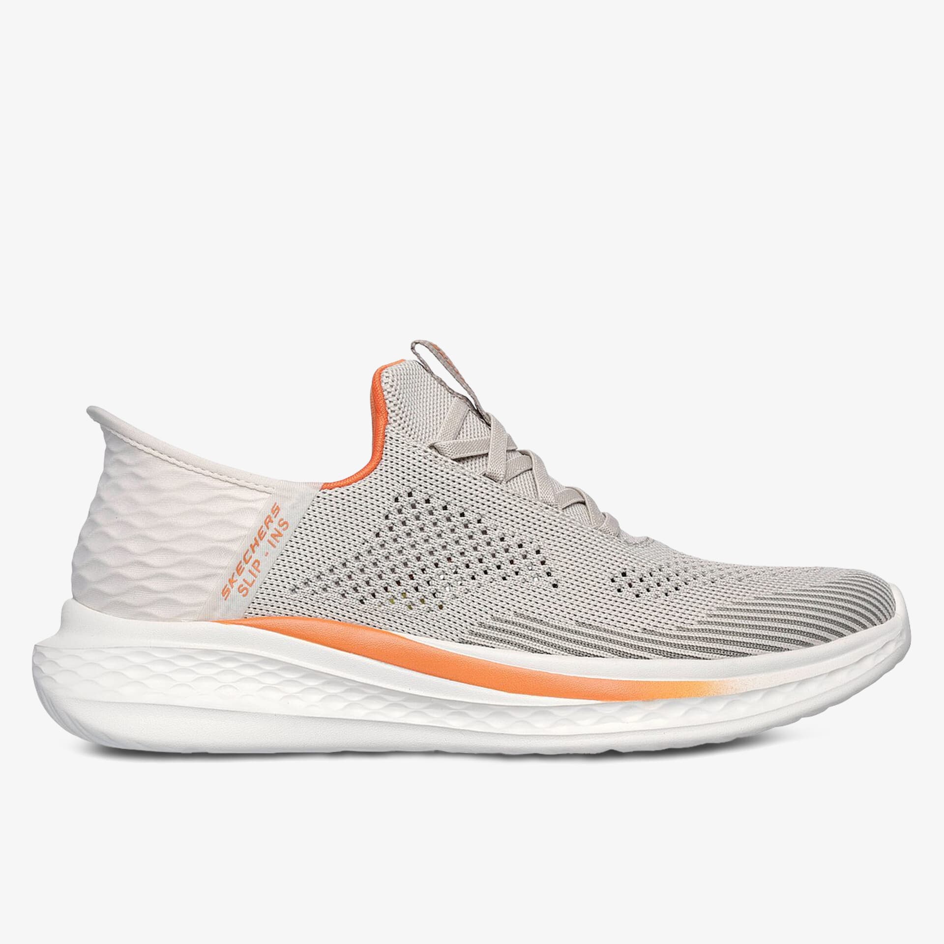 Moderner Sneaker in Hellgrau mit orangen Details und weißer Sohle